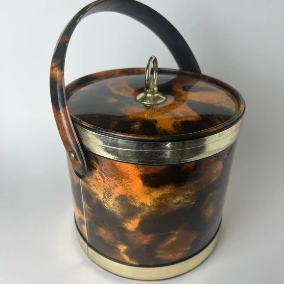 MCM Vintage Tortoiseshell Ice Bucket with Handle Mid-Century Modern - Picture 4 of 5